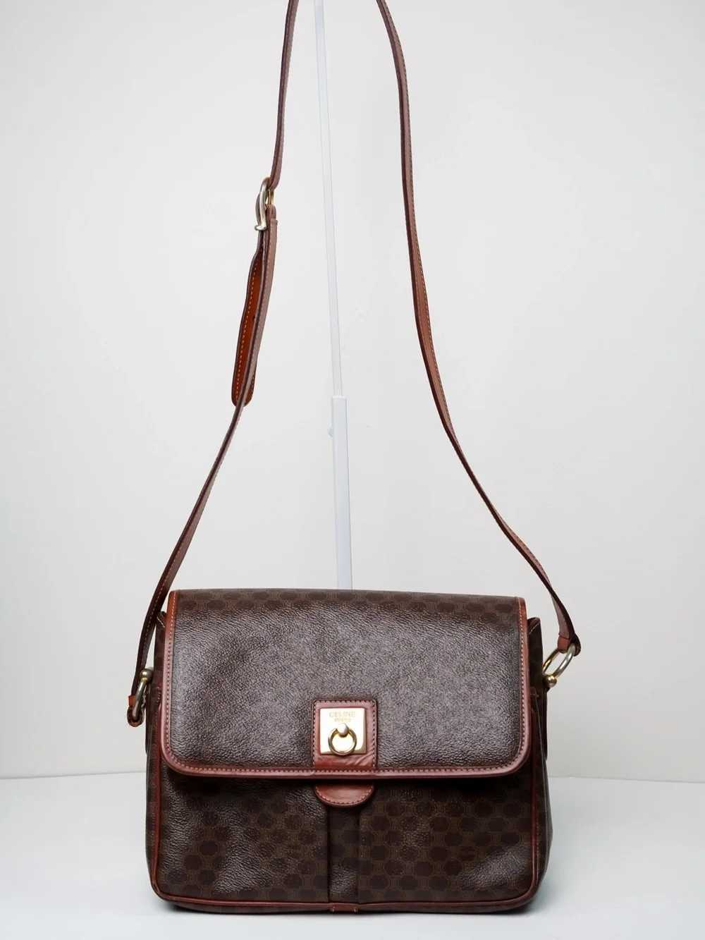 Vintage CELINE Macadam Monogram Crossbody Bag Brown Leather 90s